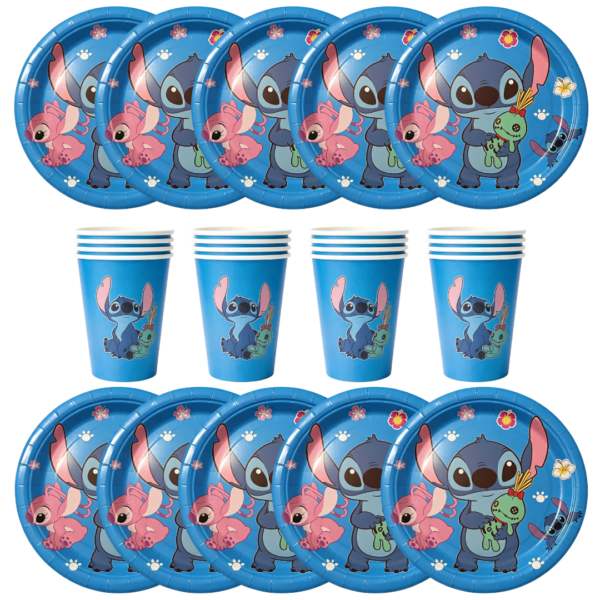 Pack Platos Y Vasos Stitch Para 10 Niños Cumpleaños