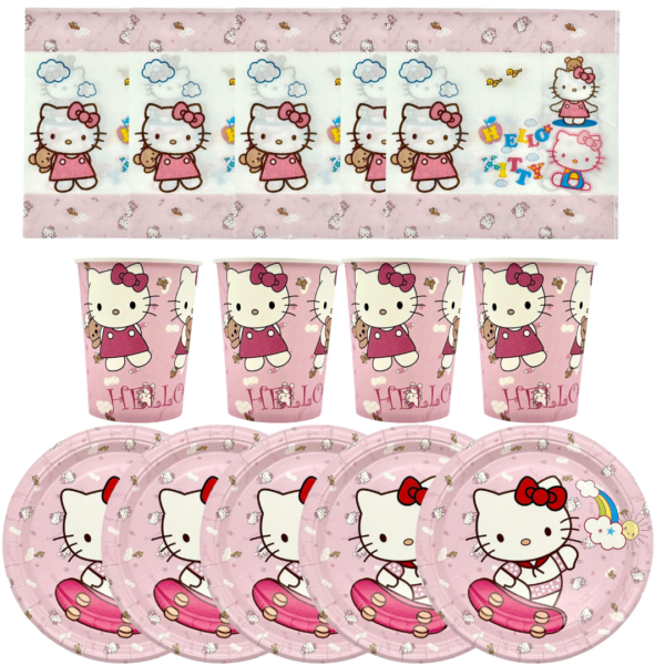 Pack Platos Y Vasos +  Servilletas Hello Kitty Para 10 Niños Cumpleaños