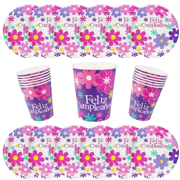 Pack Platos Y Vasos Flores Para 10 Niñas Cumpleaños